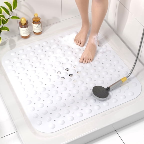 HITSLAM Shower Mat Non Slip,21x21 Bathtub Mat with Suction Cups and Drain Holes,Machine Washable Bathroom Shower Stall Floor Mat,Soft on Feet,White