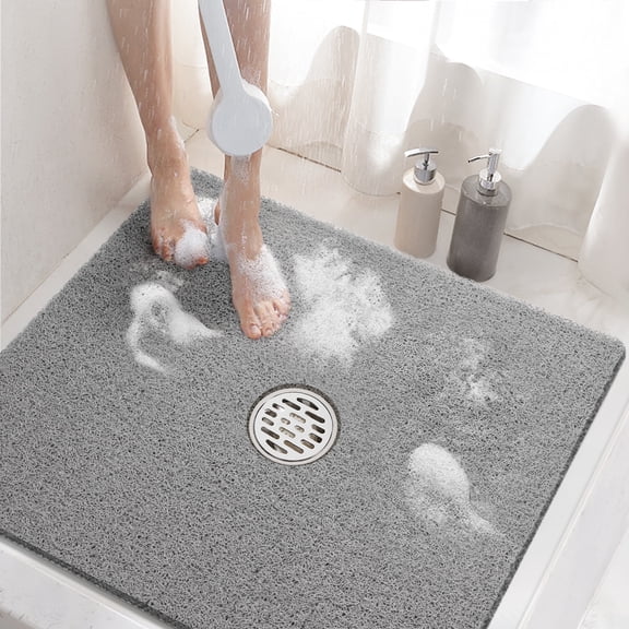 HITSLAM Square Shower Mat, 24" x 24" Non Slip Bath Mat for Tub, Soft PVC Loofah Bathtub Mats with Drain Holes, Quick Drying Bathroom Stall Floor Mat, Bathroom Accessories Without Suction Cup,Gray