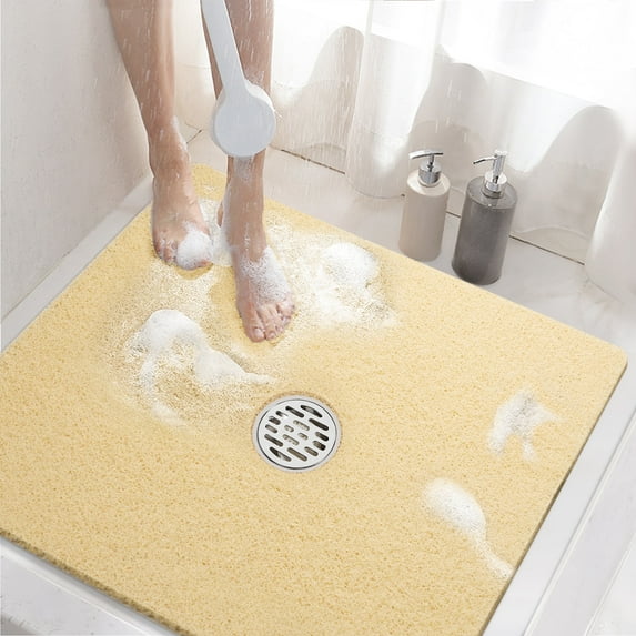 HITSLAM Square Shower Mat, 24" x 24" Non Slip Bath Mat for Tub, Soft PVC Loofah Bathtub Mats with Drain Holes, Quick Drying Bathroom Stall Floor Mat, Bathroom Accessories Without Suction Cup,Beige