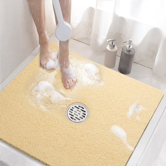 HITSLAM Square Shower Mat, 24" x 24" Non Slip Bath Mat for Tub, Soft PVC Loofah Bathtub Mats with Drain Holes, Quick Drying Bathroom Stall Floor Mat, Bathroom Accessories Without Suction Cup,Beige