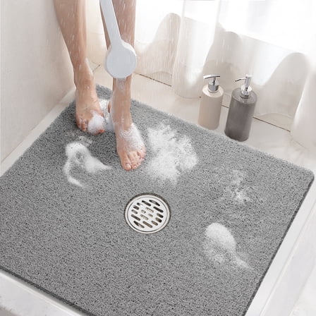 HITSLAM Square Shower Mat, 24" x 24" Non Slip Bath Mat for Tub, Soft PVC Loofah Bathtub Mats with Drain Holes, Quick Drying Bathroom Stall Floor Mat, Bathroom Accessories Without Suction Cup,Gray
