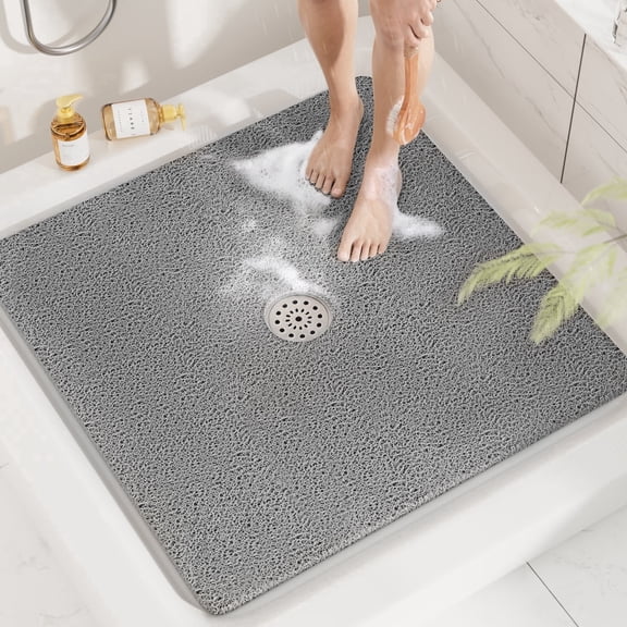 HITSLAM Square Shower Mat, 32" x 32" Non Slip Bath Mat for Tub, Soft PVC Loofah Bathtub Mats with Drain Holes, Quick Drying Bathroom Stall Floor Mat, Bathroom Accessories Without Suction Cup,Gray