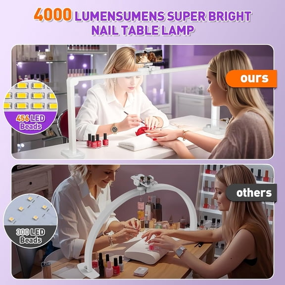 HITTI 456 LEDs Bright Nail Tech Lamp for Desk, 34 Inch Foldable Large Nail Arch Light with Phone Holder, Stepless Dimming & 3 Modes Half Moon Table Light for Manicure/Lash Extension/Tattoo/Beauty