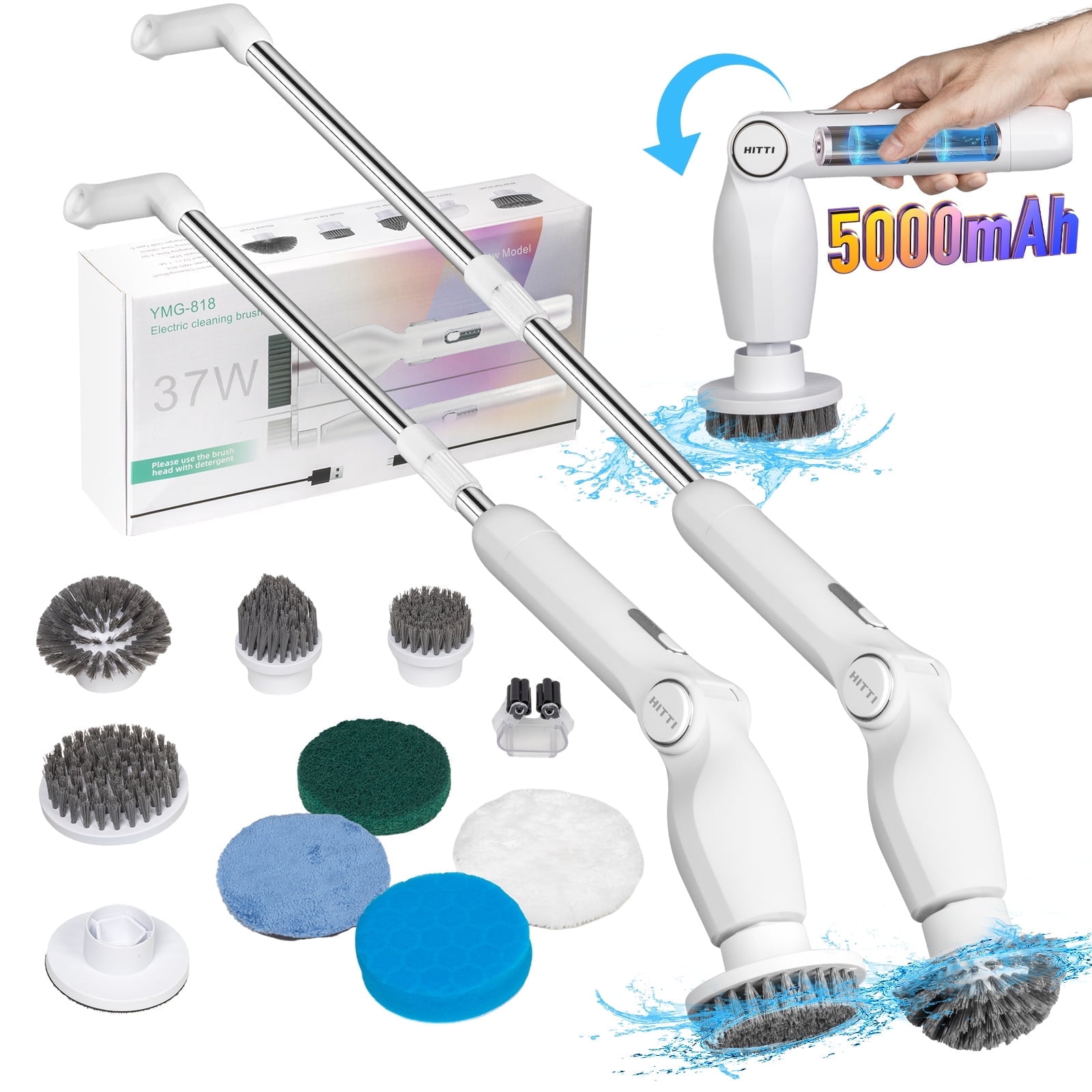 HITTI Electric Spin Scrubber Cordless Tub and Tile Scrubber,Power Scrubber with 8 Brush Heads for Showers,Adjustable Arm,Electric Cleaners for Bathroom Floor(White)