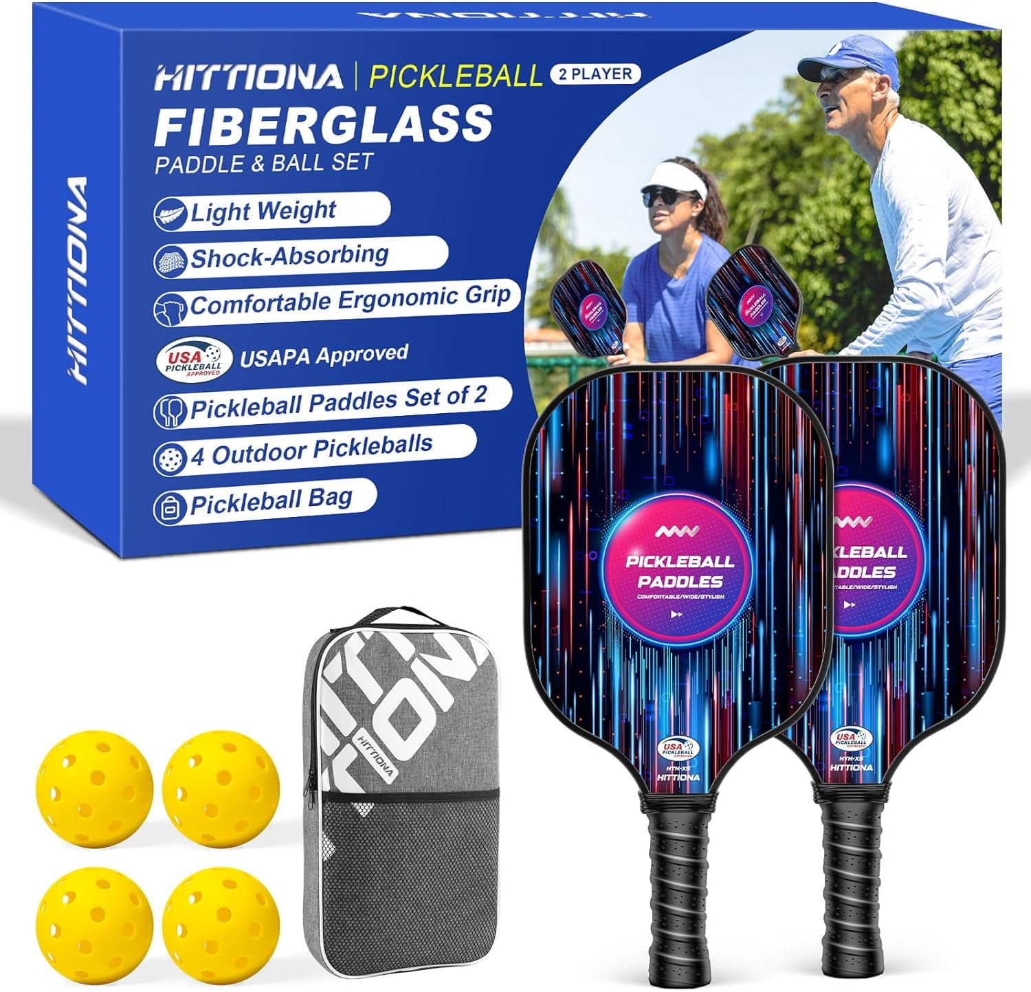 HITTIONA Pickleball Paddles - Fiberglass Pickleball Paddles Set Of 2, 7 ...