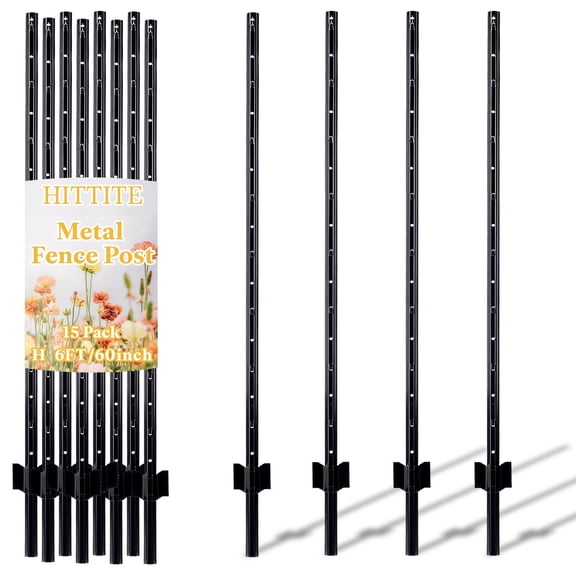 HITTITE 6 Feet Metal Fence Post, 15 Pack U-Post Support Stakes with Anchor Plate, Heavy Duty Steel Garden Fence Stakes, No Dig Fence Posts for Wire Fencing, Yard, Lawn and Farm, Black