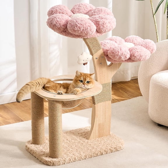 HITTITE Flower Cat Tree with Scratching Post, 36 Inches Cute Cat Tower with Wooden Branch Design, Modern Cat Climbing Tower with Flower Perches and Space Capsule for Indoor Cats Large Adult. Pink