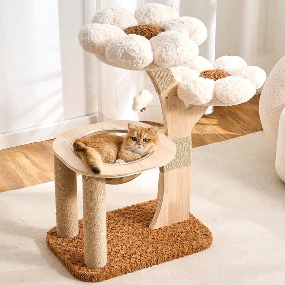 HITTITE Flower Cat Tree with Scratching Post, 36 Inches Cute Cat Tower with Wooden Branch Design, Modern Cat Climbing Tower with Flower Perches and Space Capsule for Indoor Cats Large Adult. White