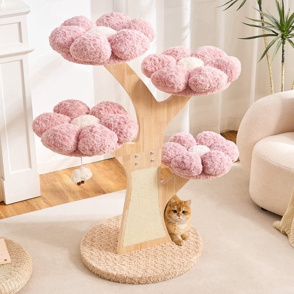 HITTITE Flower Cat Tree with Scratching Post, 48 Inches Cute Cat Tower with Wooden Branch Design, Aesthetic Modern Cat Climbing Tower with Flower Perches and Hanging Toy for Indoor Cats Large Adult.