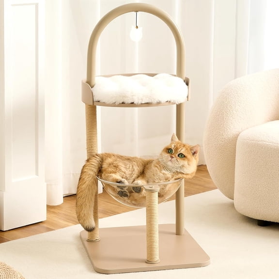 HITTITE Modern Cat Tree Tower for Indoor Cats up to 12lbs, 34" H Furniture-Style Metal Cat Tower with Scratching Posts, Wood Cat Bed with Soft Plush Cushion Washable, Acrylic Capsule, Cream Beige
