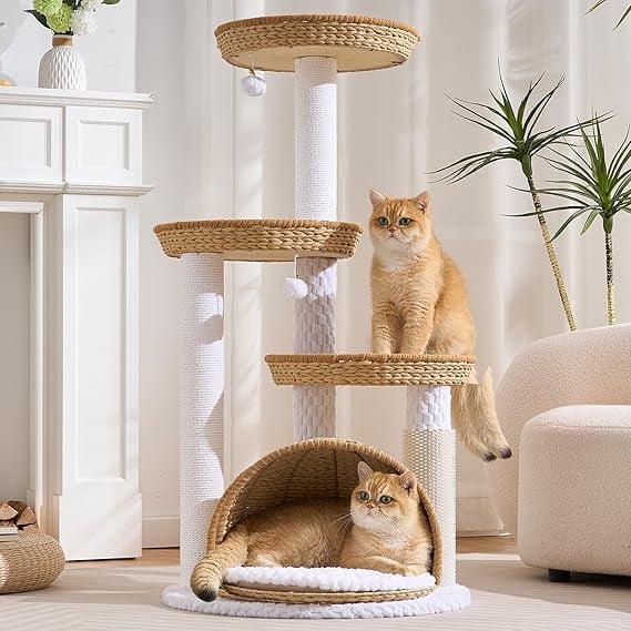 HITTITE Modern Cat Tree Tower with Scratching Post, 46 Inches Tall Cat Towers with Woven Cat Nests and Cave, Removable Cushions and Massage Brush for Indoor Cats Large Adult.