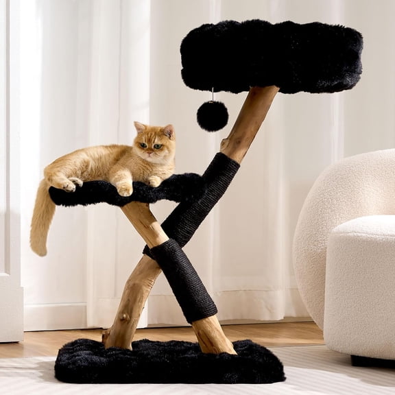 HITTITE Natural Solid Wood Cat Tree Tower with Scratching Post, 32 Inches Tall Modern Cat Tower with Cozy Bed and Platforms, Luxury Real Branch Cat Tree for Indoor Cats Large Adult, Black.