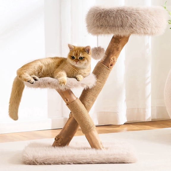 HITTITE Natural Solid Wood Cat Tree Tower with Scratching Post, 32 Inches Tall Modern Cat Tower with Cozy Bed and Platforms, Luxury Real Branch Cat Tree for Indoor Cats Large Adult, Khaki.