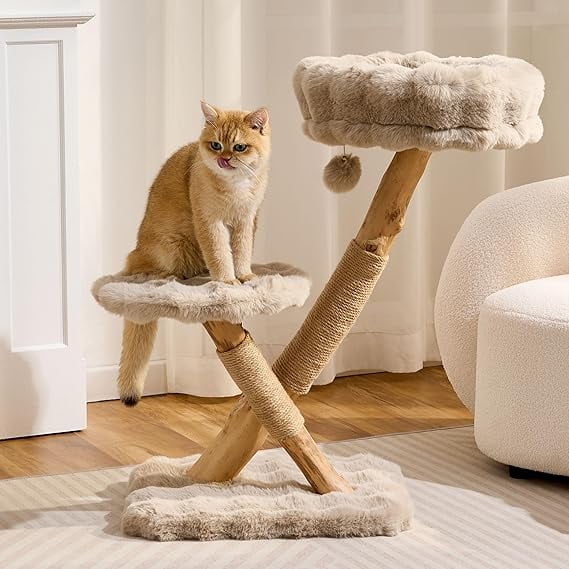 HITTITE Natural Solid Wood Cat Tree Tower with Scratching Post, 32 Inches Tall Modern Cat Tower with Cozy Bed and Platforms, Luxury Real Branch Cat Tree for Indoor Cats Large Adult, Khaki.