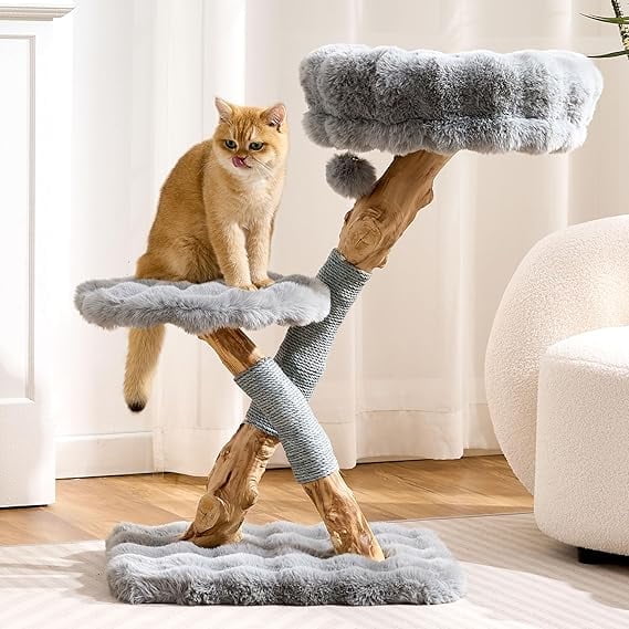 HITTITE Natural Solid Wood Cat Tree Tower with Scratching Post, 32 Inches Tall Modern Cat Tower with Cozy Bed and Platforms, Luxury Real Branch Cat Tree for Indoor Cats Large Adult, Grey.