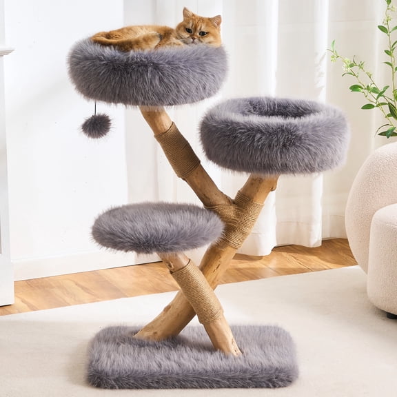 HITTITE Natural Solid Wood Cat Tree Tower with Scratching Post, 37.8 Inches Tall Modern Cat Tower with Cozy Bed and Platforms, Luxury Real Branch Cat Tree for Indoor Cats Large Adult, Grey.