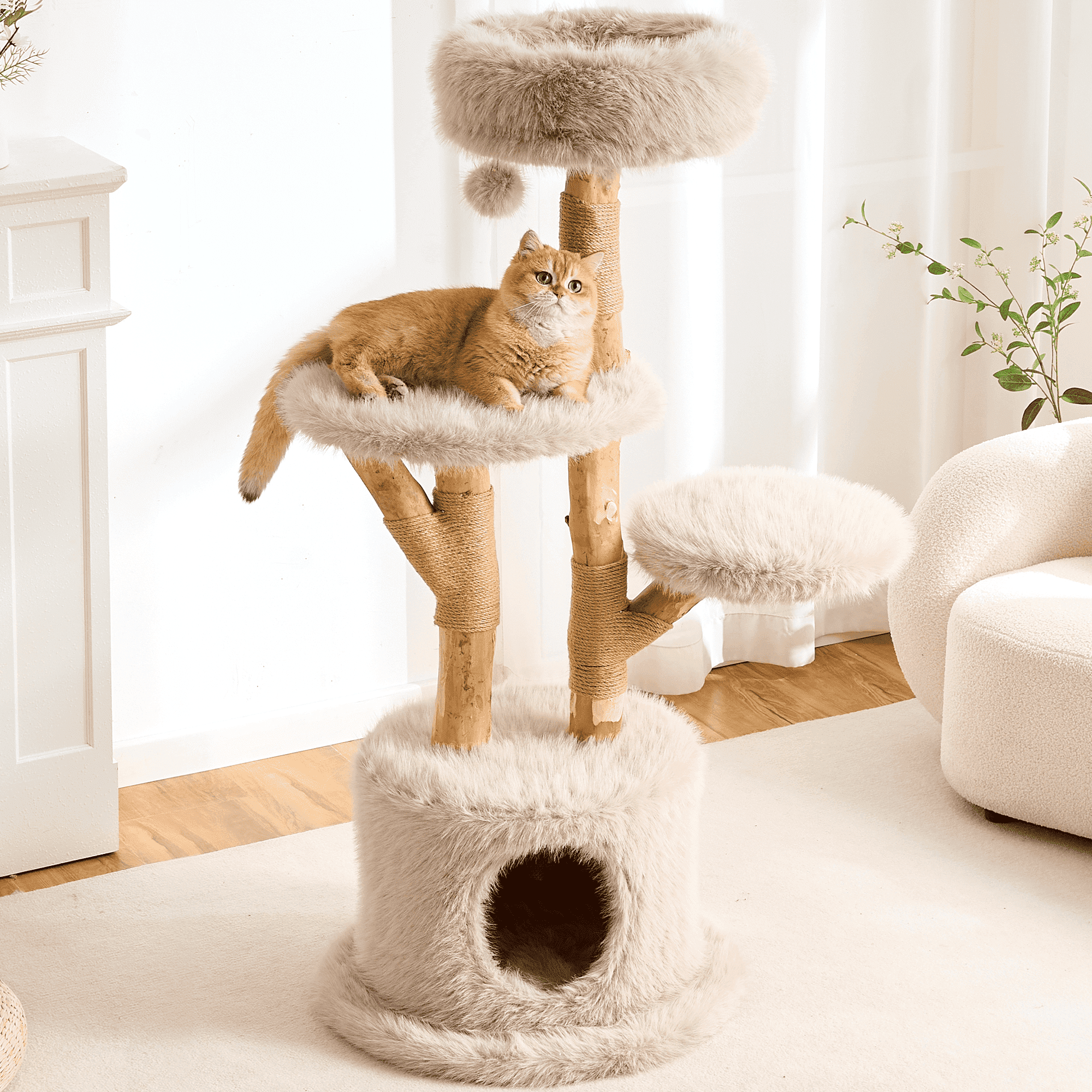HITTITE Natural Wood Cat Tree Tower with Scratching Post, 53.5 Inches Tall Modern Cat Tower with Cozy Bed and Condo, Luxury Real Branch Cat Tree for Indoor Cats Large Adult, Khaki.