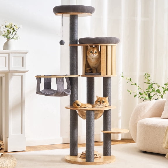 HITTITE Solid Wood Cat Tree Tower with Scratching Post, 61 Inches Tall Cat Towers with Capsule and Condo, Modern Cat Tower with Hammock and Removable Top Bed for Indoor Cats.Grey
