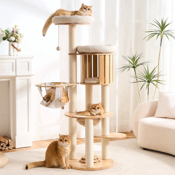 HITTITE Solid Wood Cat Tree Tower with Scratching Post, 61 Inches Tall Cat Towers with Capsule and Condo, Modern Cat Tower with Hammock and Removable Top Bed for Indoor Cats.White