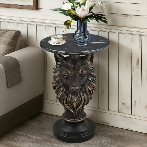 HIUU 18" Wolf Head Sculptured Side Table,Round Side Table with Bronze Finish,Modern End Tables with Marble Top,Corner Accent Tables for Living Room,Entryway,Reading Nook,Easy Assembly