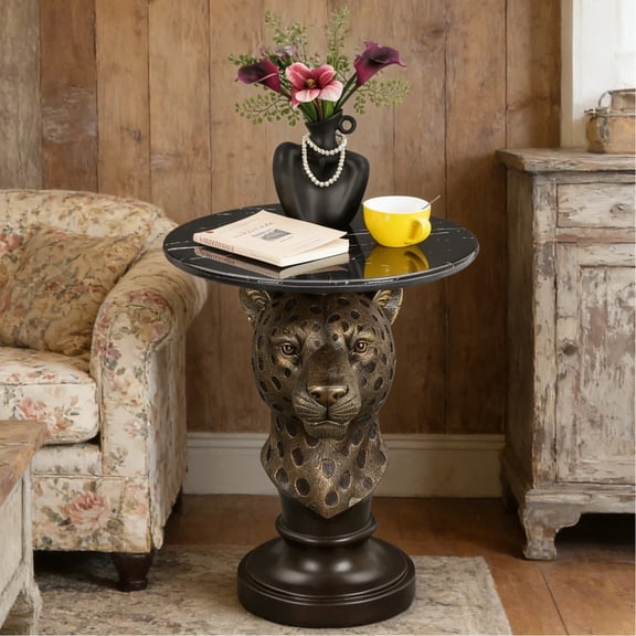 HIUU 20" Animal Statue End Tables,Leopard Tables with Bronze Finish,Unique End Table with Marble Table,Small End Table for Living Room,Entryway,Reading Nook,Easy Assembly