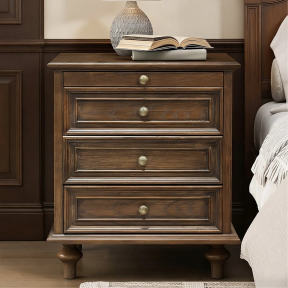 HIUU 20" Walnut Nightstand with 4 Drawer,Farmhouse Nightstand with Hidden Pull-Out Shelf,Rustic Bedside Table with 4 Solid Wood Feet and Metal Handle,Wood Bedside Table for Living Room,Bedroom