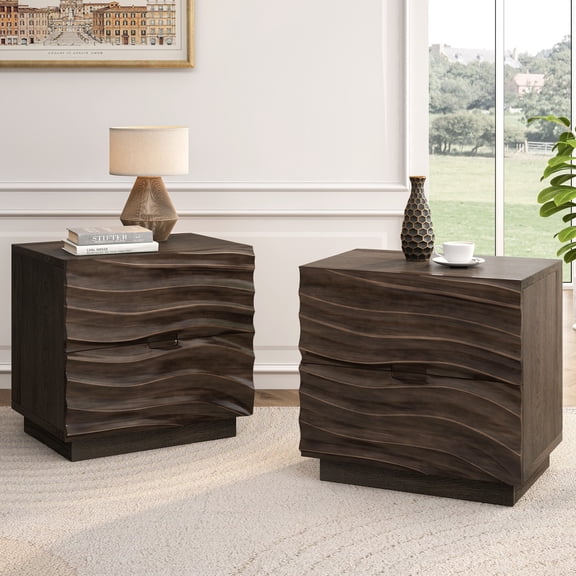 HIUU 24"Brown Night Stands Set of 2,Bedside Table with Drawers Set of 2,Modern Bedroom Side Tables with 3D Wave Drawer Fronts,Wooden Night Stands with Drawers for Living Room and Bedrooms