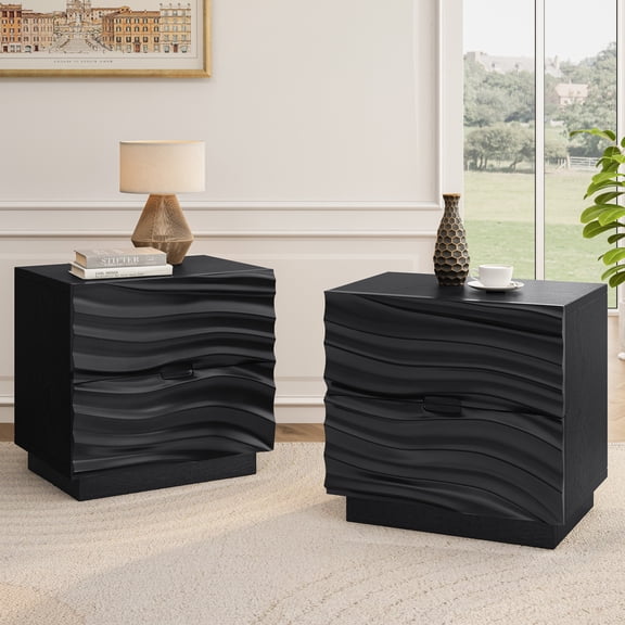 HIUU 24"Modern Black Nightstand Set of 2,Night stand Set of 2 with Drawers,Wood Side Tables Bedroom with 3D Wave Drawer Fronts,Unique Nightstand for Living Room and Bedrooms