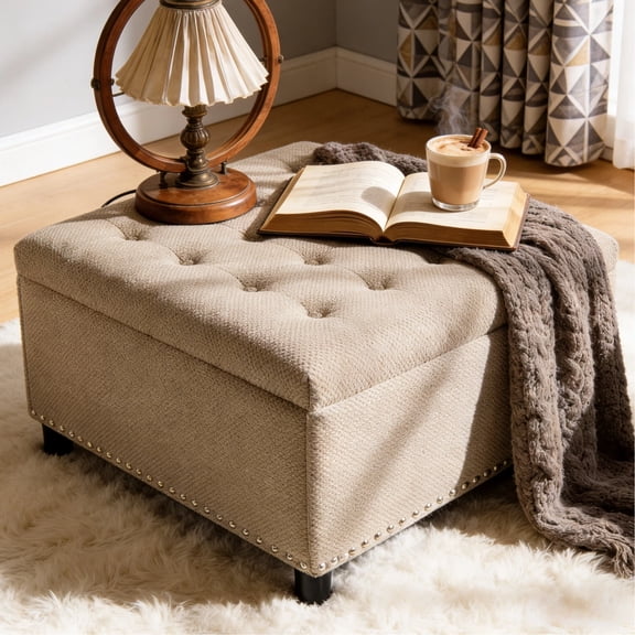 HIUU 30" Camel Storage Ottoman,Square Ottoman Coffee Table with Reversible Tray Top,Upholstered Accent Footstool with Nailhead Trim Design,Plush Fabric Ottoman for Living Room