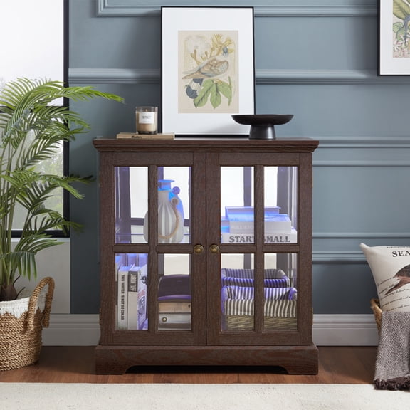 HIUU 30"Cherry Curio Cabinets with Glass Doors,Lighted Display Cabinet with Shelves,Farmhouse Display Cabinet with Lattice Doors,Display Cabinets for Collectibles with LED Lights for Living Room