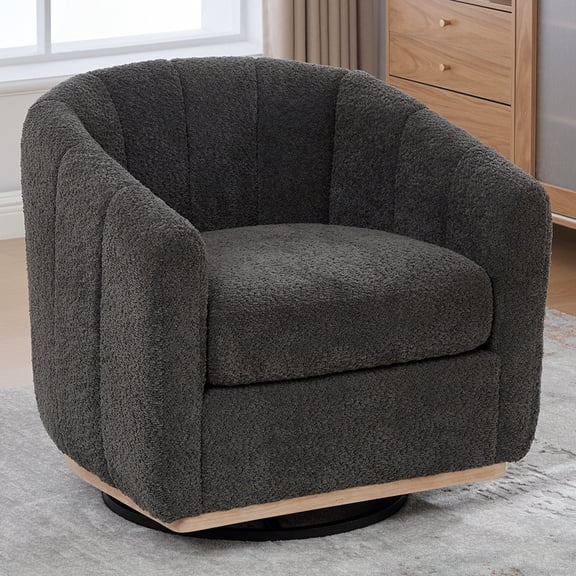 HIUU 32 "Brown Swivel Accent Chair Wood Base, Comfy Chenille Armchair,Curved Back Swivel Chair,Modern Accent Chairs for Lliving Room