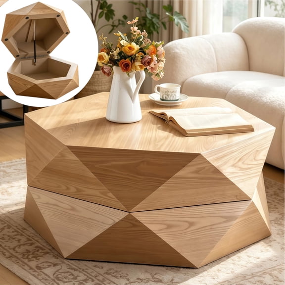 HIUU 36.6'' Natural Wood Coffee Table with Flip Top Storage,Modern Polygon Coffee Table with Solid Wood Veneered,Rustic Coffee Tables for Living Room