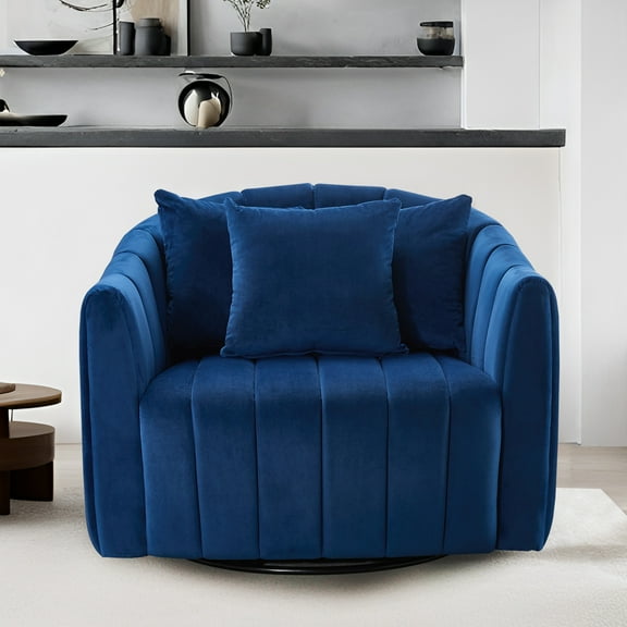 HIUU 40"Navy Swivel Accent Chairs with 3 Pillows,Curved Back Barrel Chair,Swivel Big Chair with Velvet Fabric,Oversized Accent Chairs for Living Room