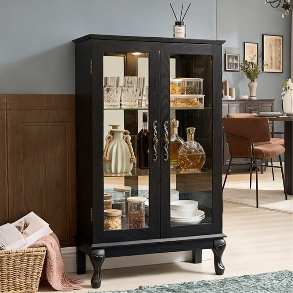 HIUU 43"H Black Curio Cabinets with Glass Doors,Lighted Curio Cabinets with Glass Doors,Wood Display Case with Mirrored Back Panel and Shelves,Free Standing Cabinet with Lights for Living Room