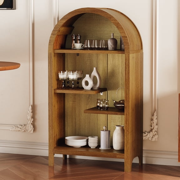 HIUU 43"H Natural Wood 4 Tier Bookshelf,Arched Bookshelf with Asymmetrical Design,Modern Bookcase,Open Shelf Bookcase for Entryway, Living Room, Hallway