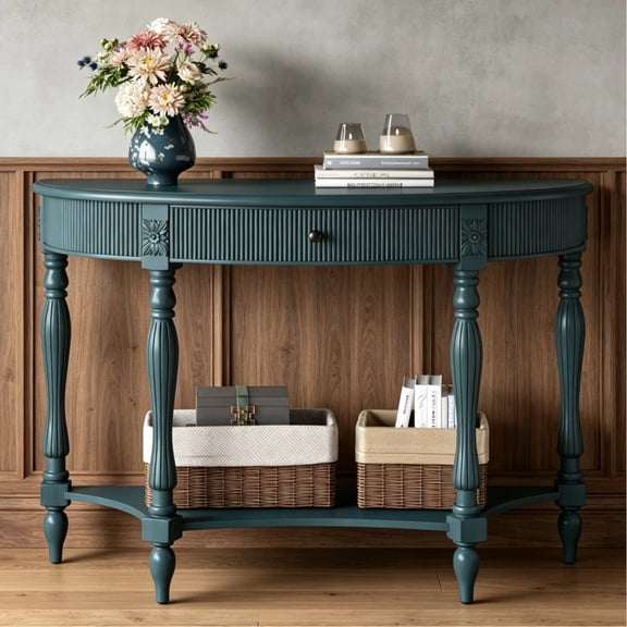 HIUU 45'' Blue Half Moon Console Table with Drawer & Shelf,Retro Fluted Entryway Console Table with Roman Column Carved Legs,Mid century Modern Sofa Table for Entryway,Living Room