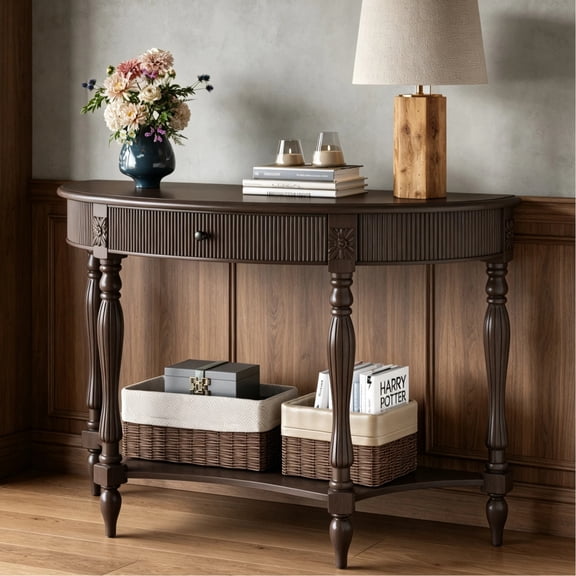 HIUU 45'' Brown Half Moon Console Table with Drawer & Shelf,Retro Console Table with Roman Column Carved Legs,Narrow Wood Sofa Tables for Entryway,Living Room