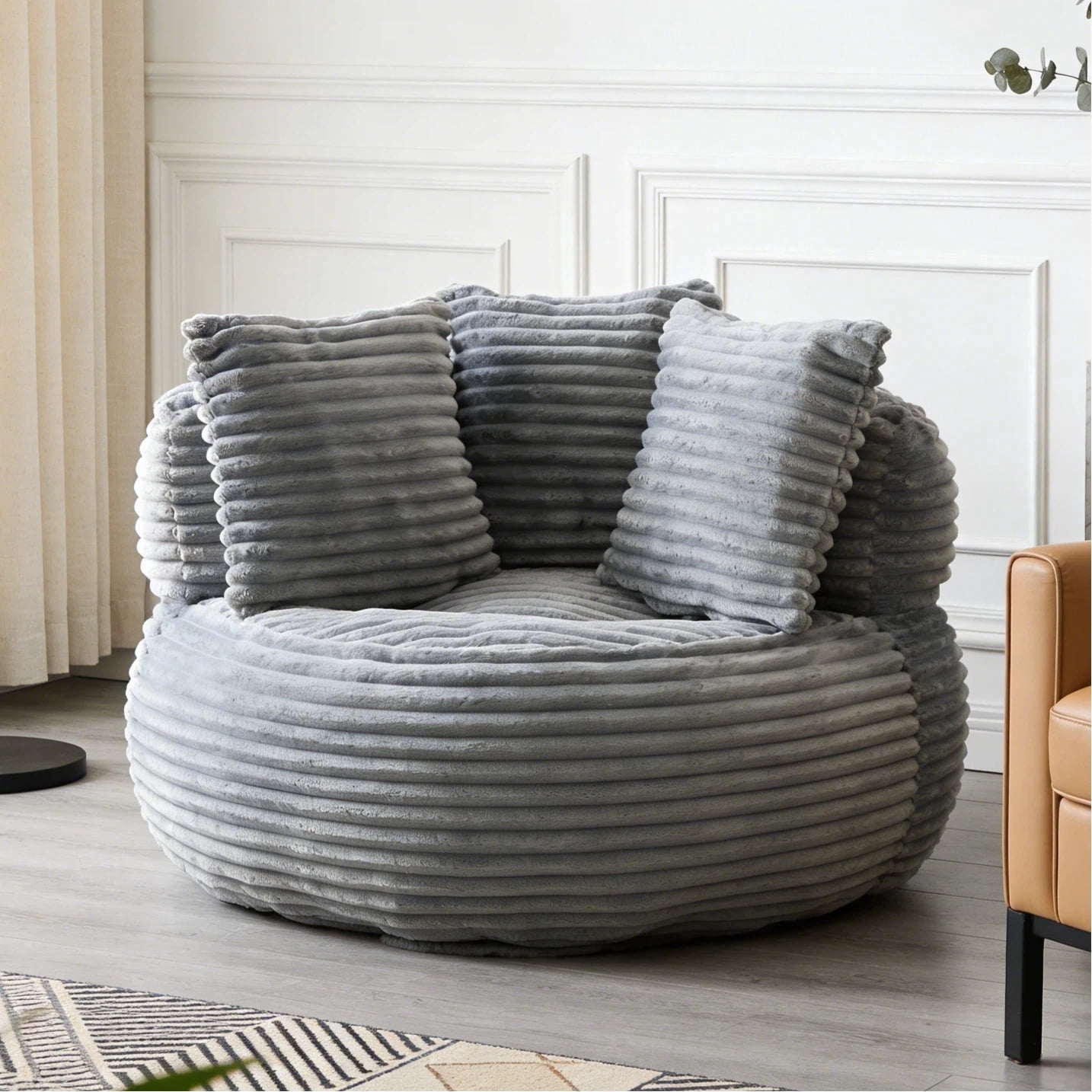 HIUU 45" Gray Bean Bag Chair for Adults with Pull String,Cozy Corduroy Memory Foam Chair,Oversized Bean Bag Chairs for Reading,Floor Beanbag Sofa