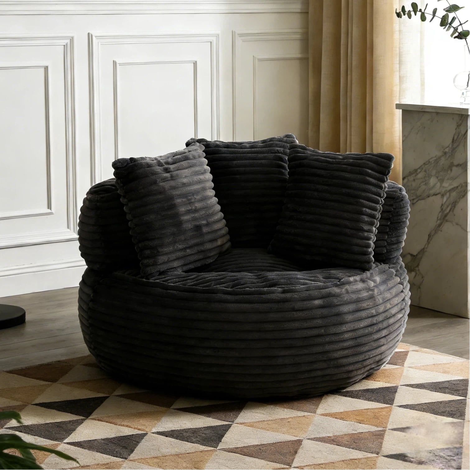 HIUU 45" Large Black Bean Bag Chair with Pull String,Fluffy Memory Foam Bean Bag Chair for Reading,Adult Beanbag Chairs,Fireplace Lazy Sofa Chairs