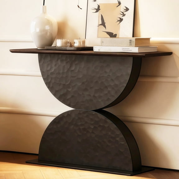 HIUU 47'' Black Console Tables for Entryway,Walnut Sofa Table with Double Semi-Circles Design,Wooden Entryway Table With Led Light,Modern Accent Tables For Living Room and Hallway
