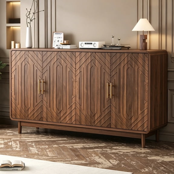 HIUU 55"W Walnut Sideboard Cabinet With Adjustable Layer Board,Carved Sideboard Cabinet,4 door Buffet Cabinet for Living Room, Entryway, Hallway and Kitchen