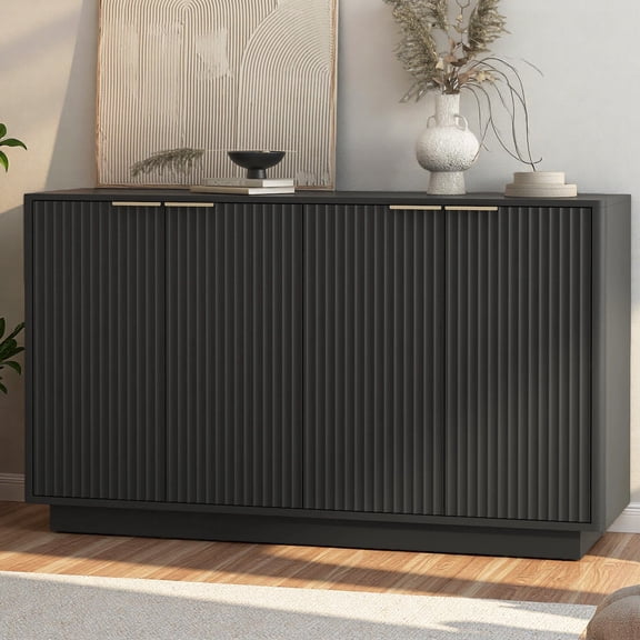 HIUU 55 inch Black Sideboard Buffet Cabinet,Modern Fluted Cabinet with Doors and Shelves,Wood Kitchen Storage Cabinets with Adjustable Shelves,Living Room Cabinets For Kitchen,Living Room