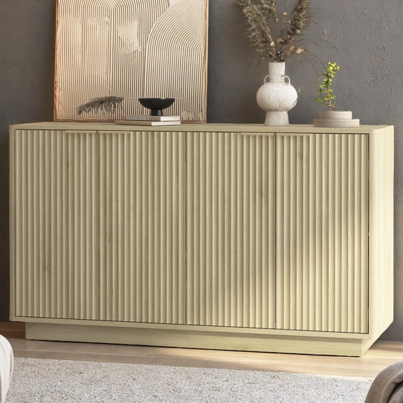 HIUU 55 inch Oak Buffet Cabinet with Storage,Fluted Credenza with Doors and Shelves,Modern Sideboard Buffet Cabinet with Adjustable Shelves,Wood Credenza Storage Cabinets For Kitchen,Living Room