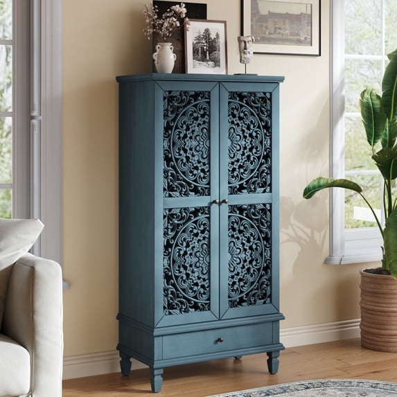 HIUU 55 inch Tall Storage Cabinet,Antique Blue Carved Storage Cabinet with 2 Doors and Drawer,Freestanding Kitchen Pantry Cabinets with Solid Wood Legs for Living Room, Hallway, Dining Room