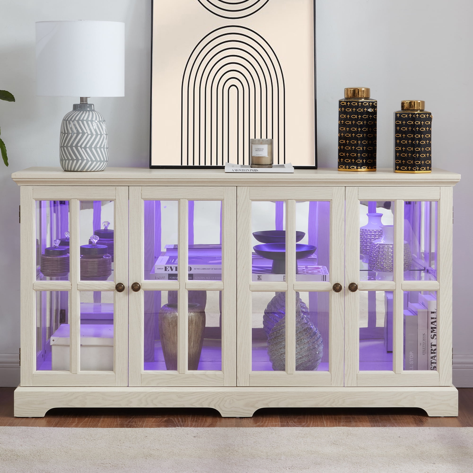 HIUU 59" W White Curio with Glass Doors,Vintage Glass Curio — free download