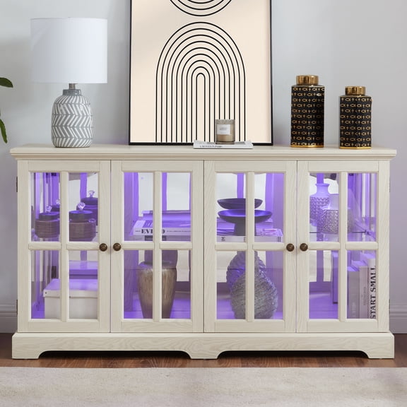 HIUU 59" W White Curio Cabinets with Glass Doors,Vintage Glass Curio Cabinet Display Case with LED Lights,Lighted Display Case with 4 Doors and Adjustable Shelves