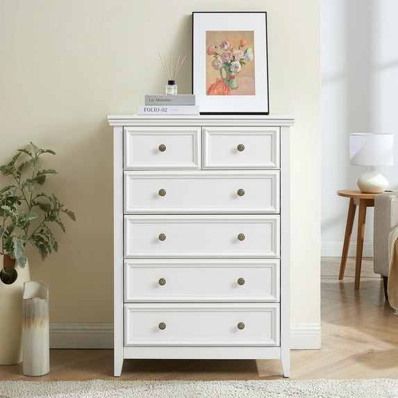 HIUU 6 Drawer Modern Dresser for Bedroom,White Wooden Chest of Drawers with Metal Handle for Closet Storage for Bedroom,Hallway