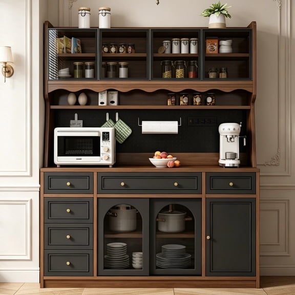 HIUU 63'' Kitchen Pantry Cabinet with Power Outlet,Large Kitchen Hutch Cabinet with 6 Drawers and Adjustable Shelves,Wood Buffet Cabinets for Dining Room and Living Room(Black and Walnut)