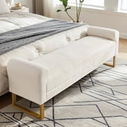 HIUU 65" King Size Beige End of Bed Bench with Arms and Gold Legs,Modern Chenille Bay Window Bench,Upholstered Chaise Bench for Living Room Window and Entryway