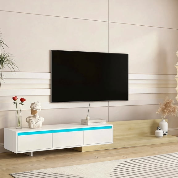 HIUU 65" White TV Stand with Storage,65 Inch TV Stand with Led Lights with 3 Drawers,Wood Media Console with Sleek Two-Tone Modern Style Design,Modern TV Consoles for Living Room